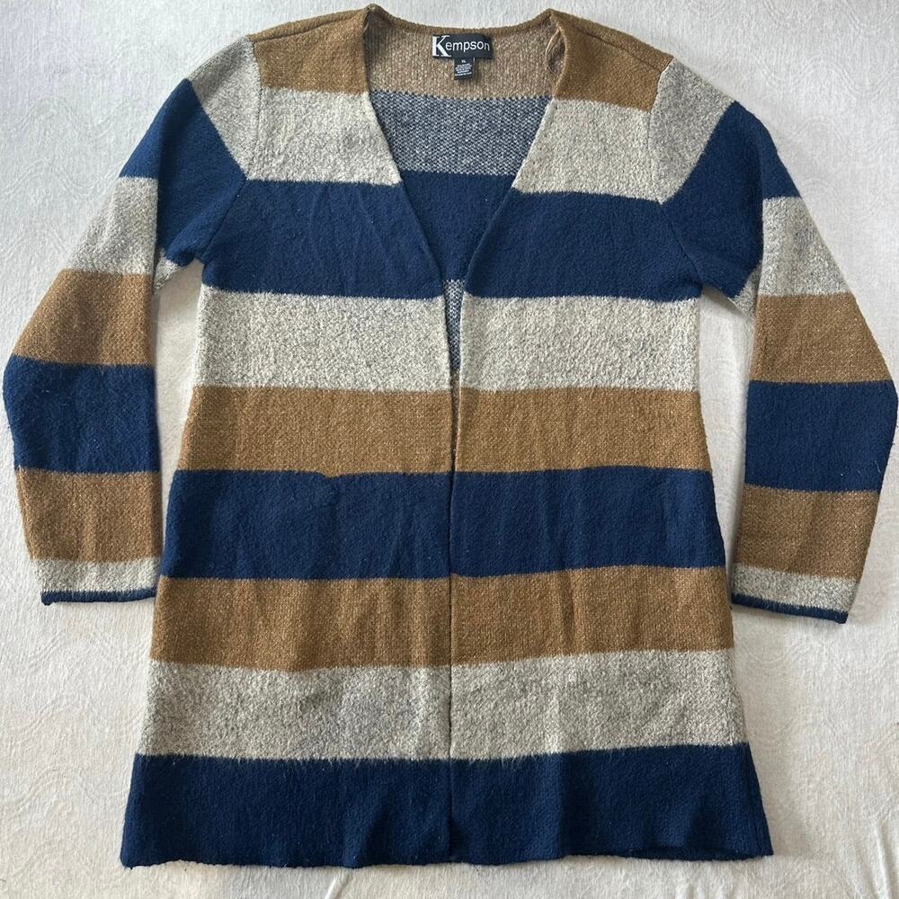 Kempson open front cardigan sweater brown/blue/beige w/pockets stripes womens XL